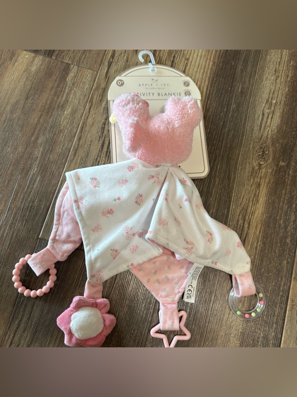 Apple + Ivy baby girl Pink plush chicken activity blankie FARM lovey security